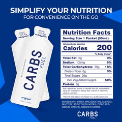 Shelf-stable Carbs Fuel gel label communicates vegan and gluten-free benefits.
