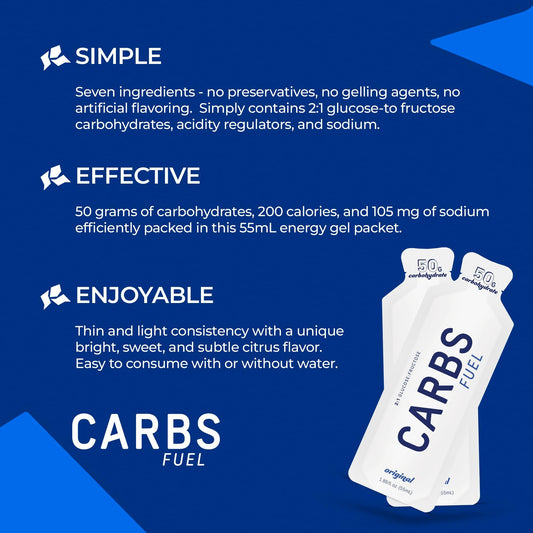 Carbs Fuel Original Energy Gel 55ml label close-up highlighting vegan and gluten-free formula