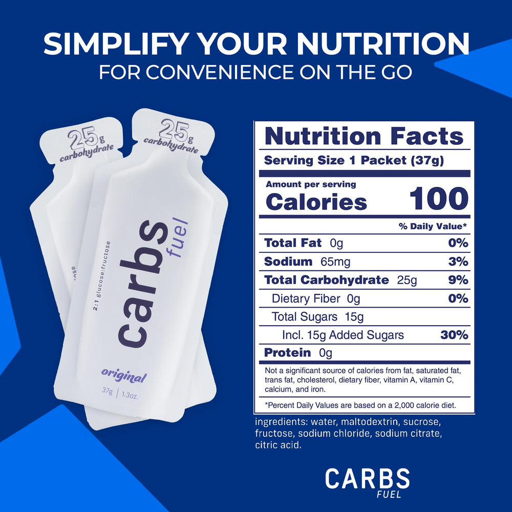 Carbs Fuel Original Energy Gel packaging is shelf-stable for travel