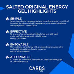 Carbs Fuel Salted Original 50g gel tube shows thin, easy-to-consume texture
