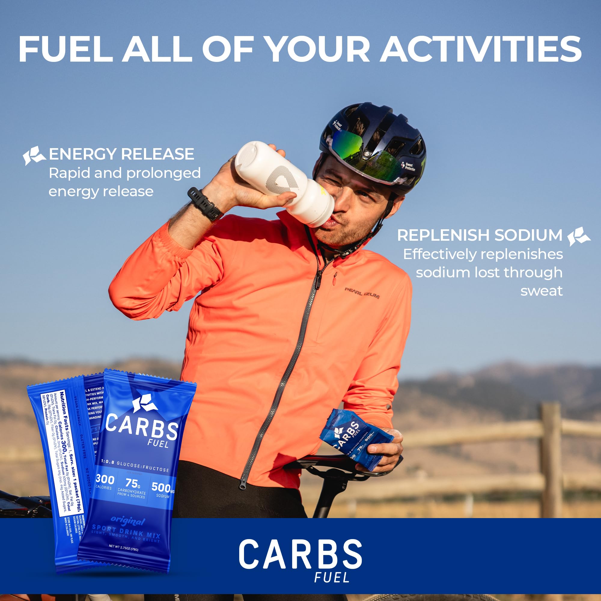Texture and use case of Carbs Fuel gels and drink mix shown for fueling