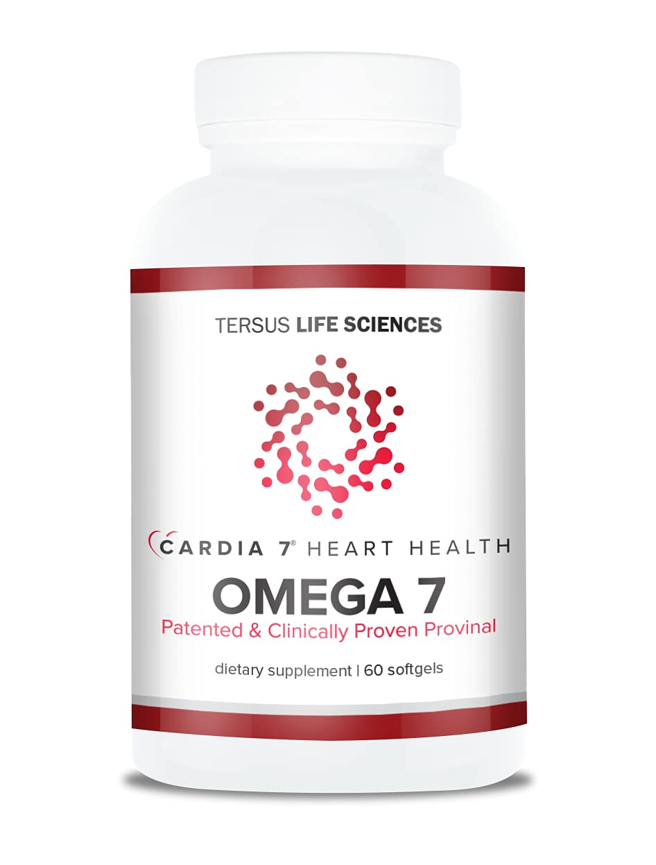 CARDIA7 heart health omega-7 softgels in bottle for easy daily support.