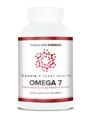CARDIA7 heart health omega-7 softgels in bottle for easy daily support.