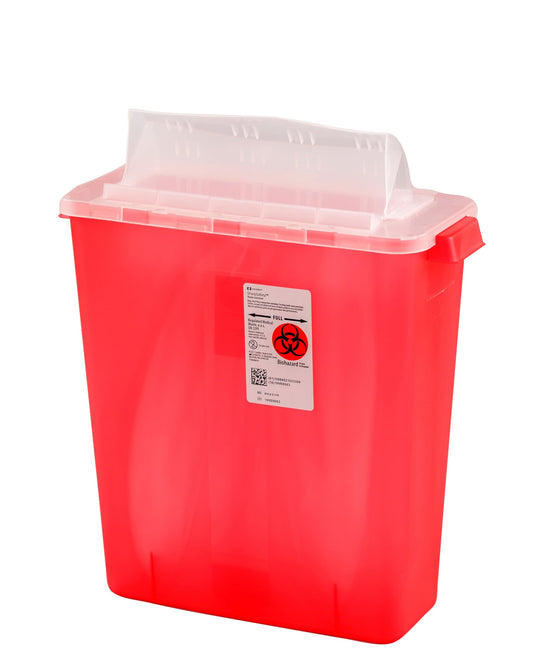 Cardinal Health Monoject Always-Open In-Room Sharps Container in transparent red, ideal for quick disposal of larger syringes