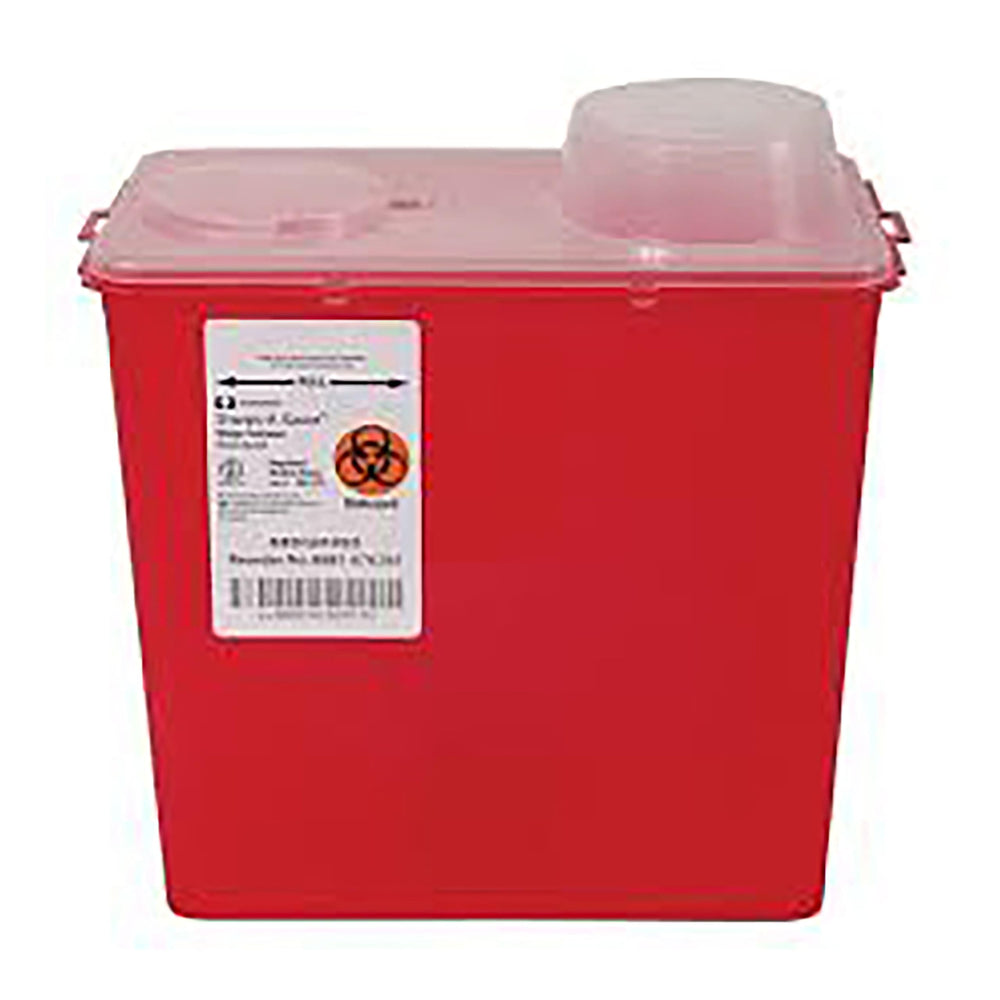 Cardinal Health Monoject biohazardous sharps container with red chimney top for safe disposal