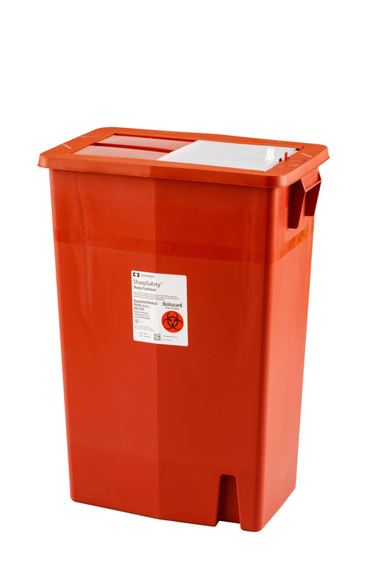 Cardinal Health Monoject sharps container with slide lid in red, 18-gallon capacity for safe disposal