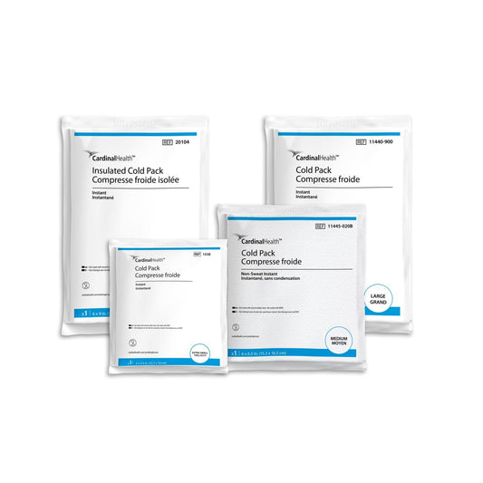 Cardinal Health Non Sweat Cold Pack, large 6x9in, provides instant cooling for minor injuries.