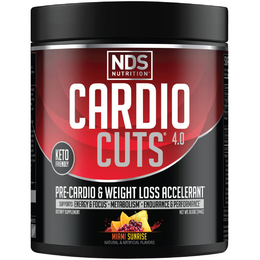 Cardio Cuts 4.0 label highlights keto-friendly pre-workout energy and focus.
