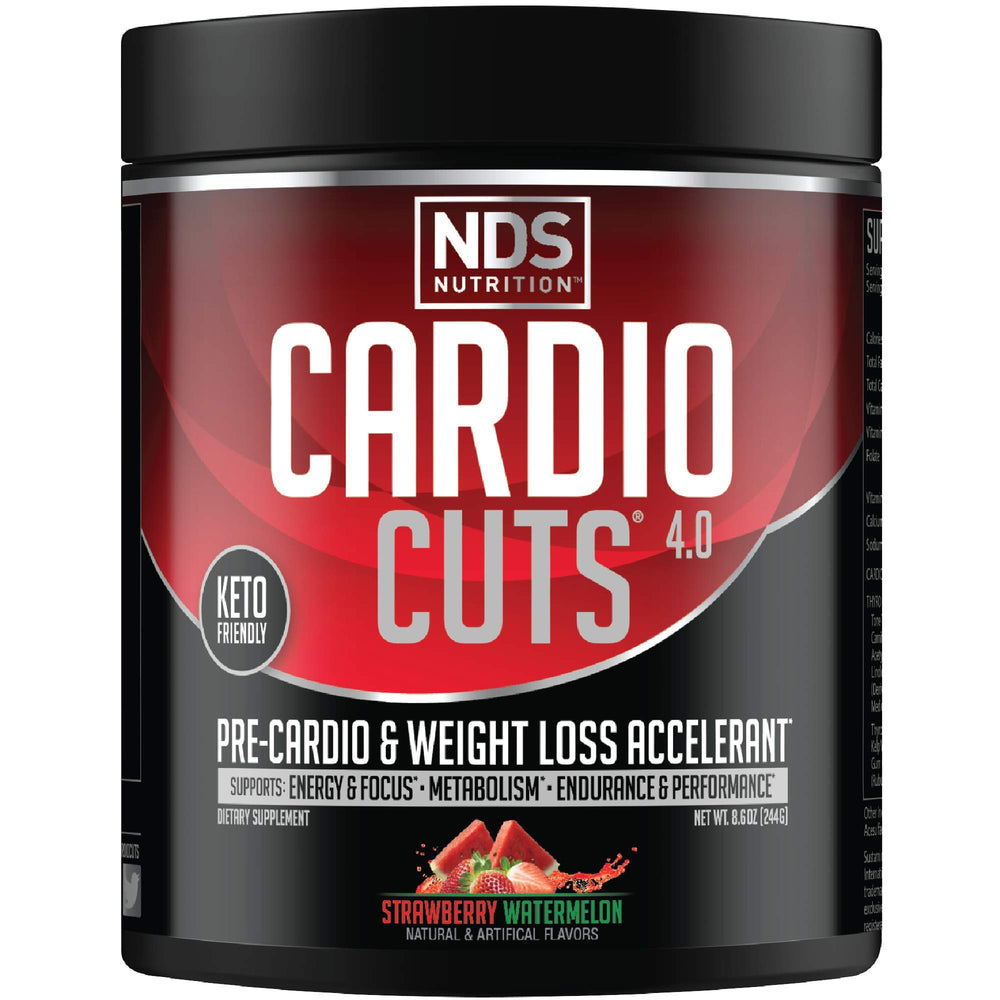 Cardio Cuts bottle and scoop ready to mix for an energetic pre-workout session.