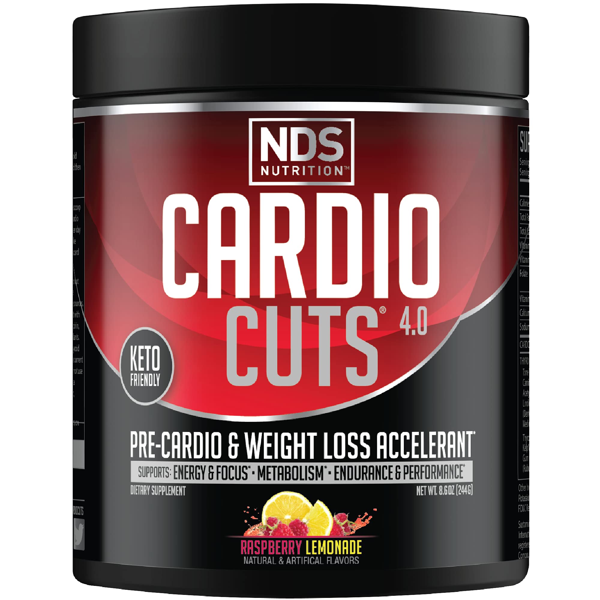 Cardio Cuts NDS Nutrition bottle in Razz Lemonade flavor, ready for pre-workout energy.