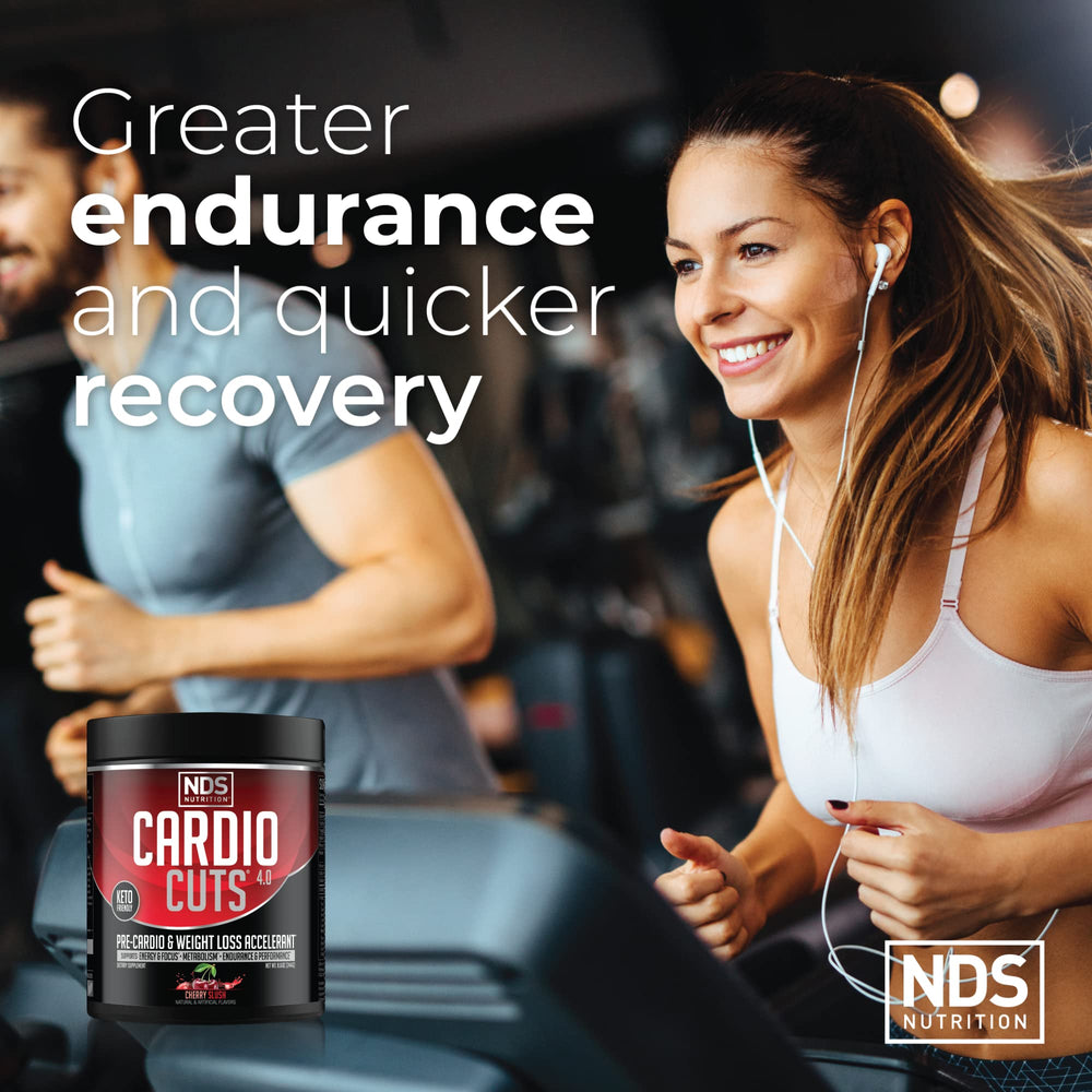 Cardio Cuts bottle with glass showing convenient powder mix for post-workout recovery.