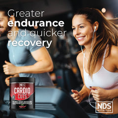Cardio Cuts bottle with glass showing convenient powder mix for post-workout recovery.
