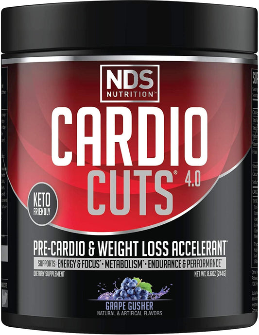 Cardio Cuts bottle front in grape flavor highlighting keto-friendly pre-workout benefits.