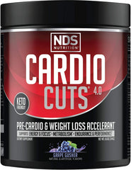 Cardio Cuts bottle front in grape flavor highlighting keto-friendly pre-workout benefits.