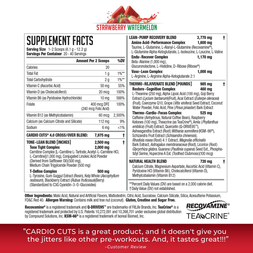 Cardio Cuts ingredient panel highlights L-Carnitine and MCTs for energy and fat support.