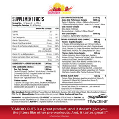 Close-up of Cardio Cuts label highlighting ingredients for energy and metabolism support.