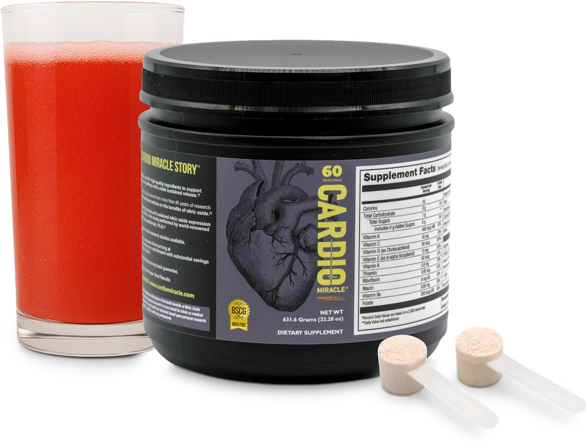 Cardio Miracle nitric-oxide supplement bottle supports daily circulation.