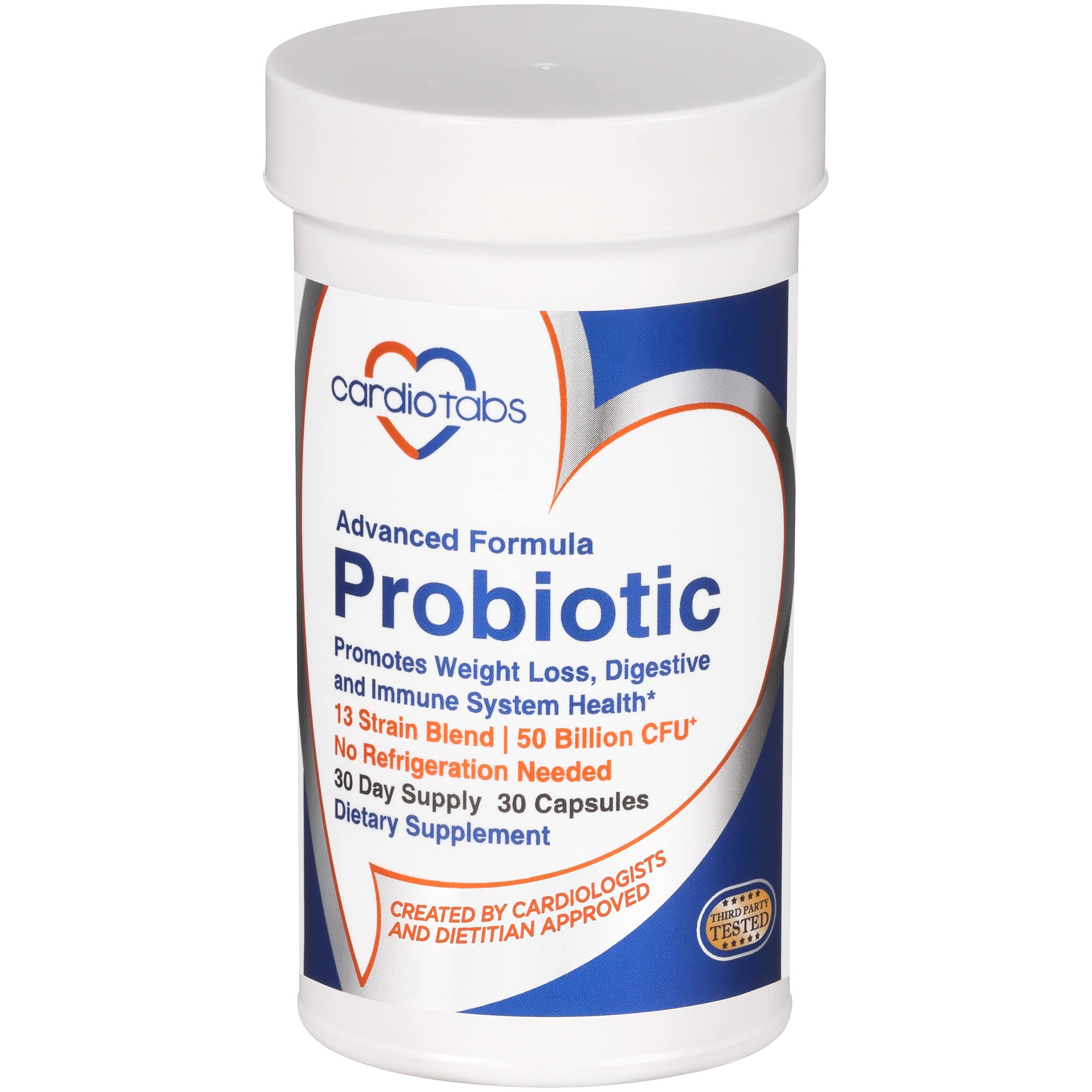 CardioTabs Advanced Probiotic bottle on counter highlighting shelf-stable design for convenient storage.