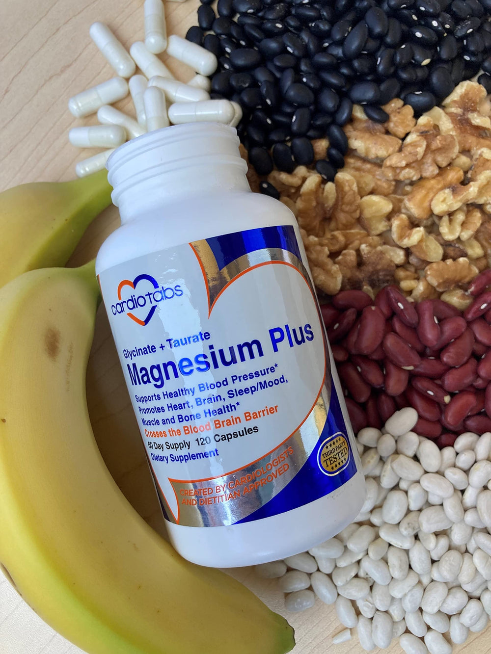 CardioTabs Magnesium Plus label showcasing pure, well-absorbed magnesium forms supporting cardiovascular health.