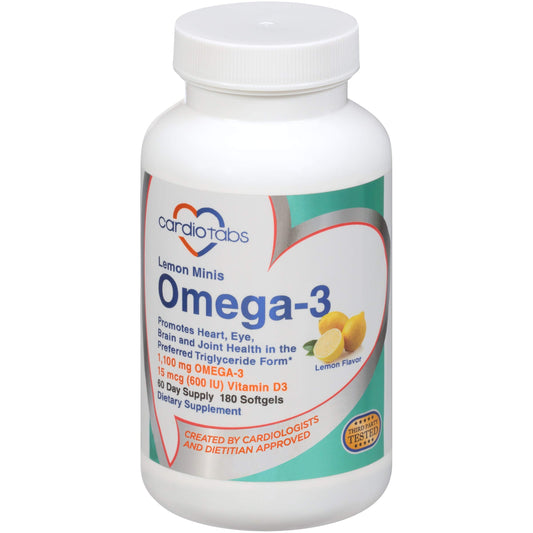 CardioTabs Omega-3 Lemon Minis bottle front for easy daily omega-3 intake