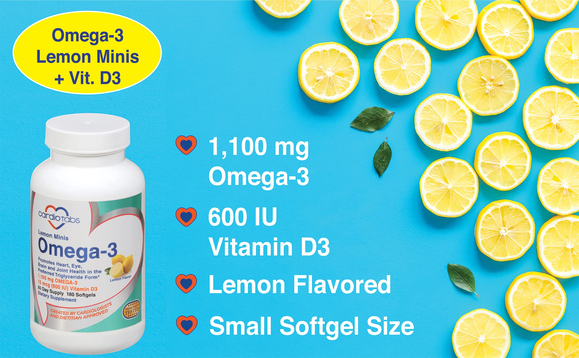 CardioTabs Omega-3 Lemon Minis softgels close-up highlighting lemon flavor