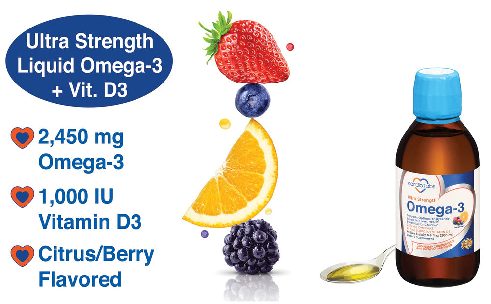 CardioTabs Omega-3 bottle label closeup highlighting DHA and EPA per serving