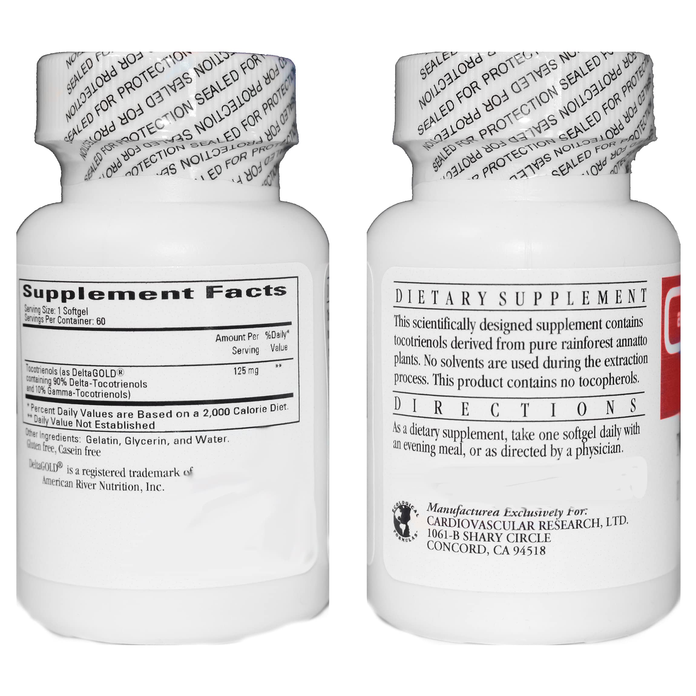 Cardiovascular Research Annatto Tocotrienols bottle back panel notes gluten-free and casein-free formulation.