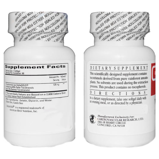 Cardiovascular Research Annatto Tocotrienols bottle back panel notes gluten-free and casein-free formulation.