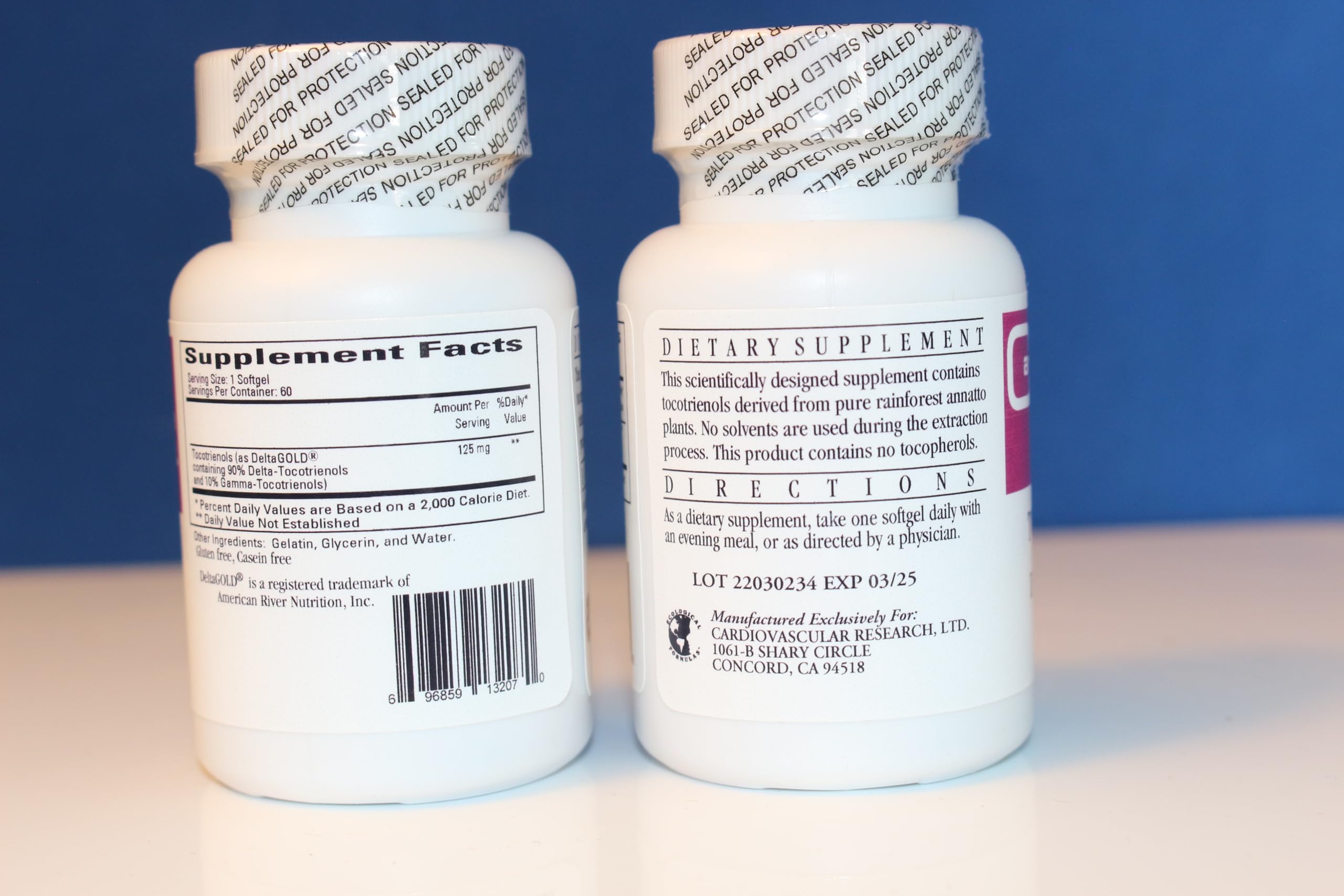 Cardiovascular Research DeltaGold tocotrienols label emphasizing purity and tocotrienols.