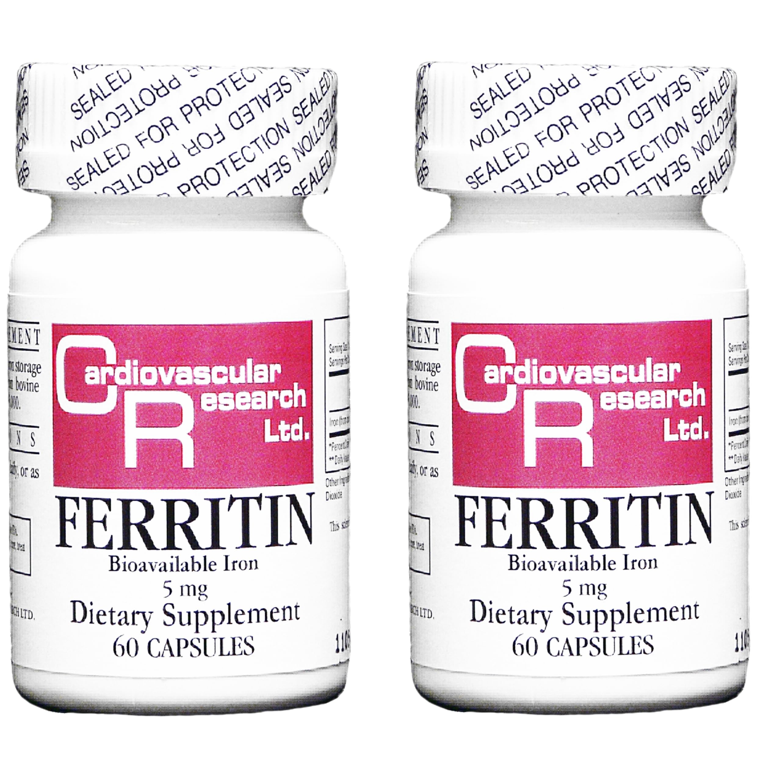 Cardiovascular Research ferritin 5mg bottle with clear dosage label for daily iron support.