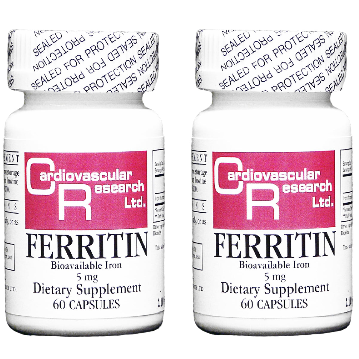 Cardiovascular Research ferritin 5mg bottle with clear dosage label for daily iron support.