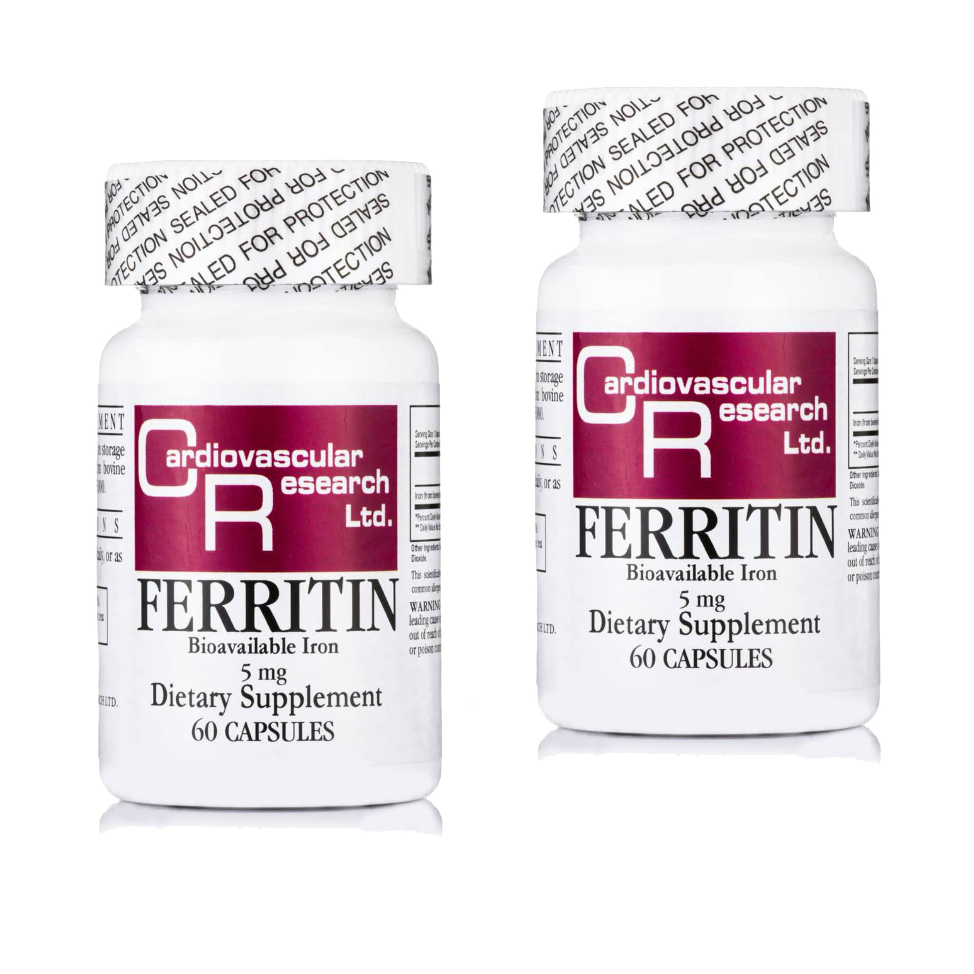 Cardiovascular Research Ferritin bottle with easy-to-swallow capsules for daily support.