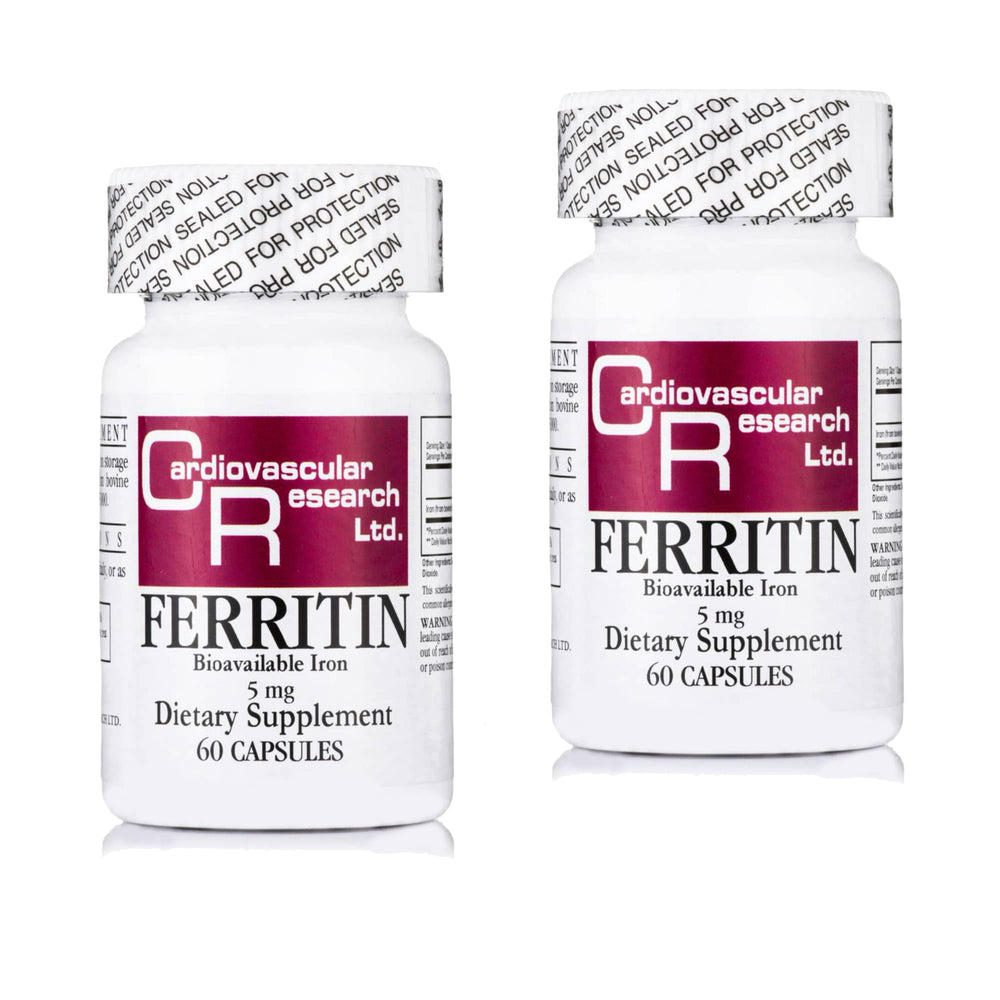 Cardiovascular Research Ferritin bottle with easy-to-swallow capsules for daily support.