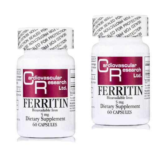 Cardiovascular Research Ferritin bottle with easy-to-swallow capsules for daily support.