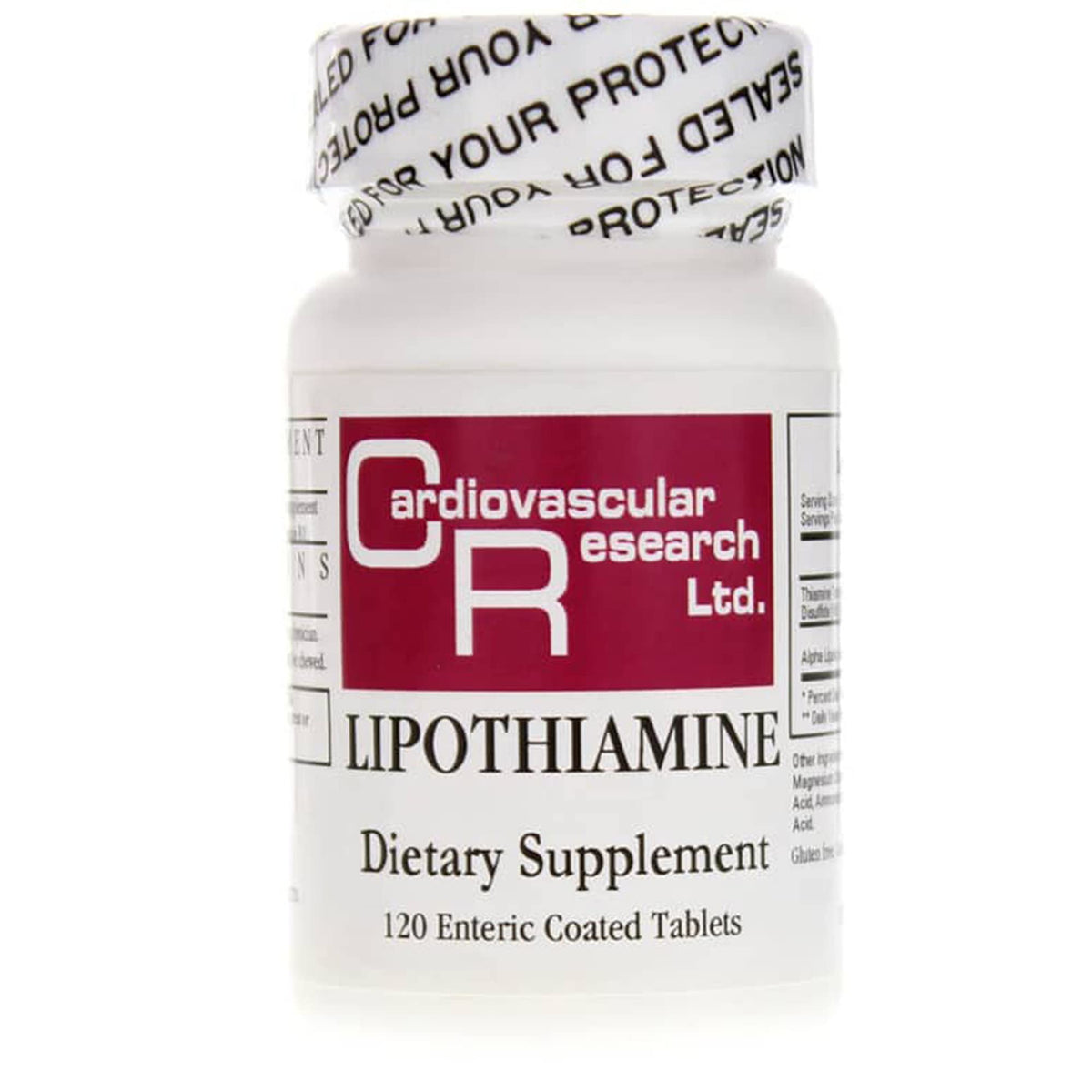 Cardiovascular Research Lipothiamine B bottle—highly bio-available B1 with alpha-lipoic acid for energy metabolism.
