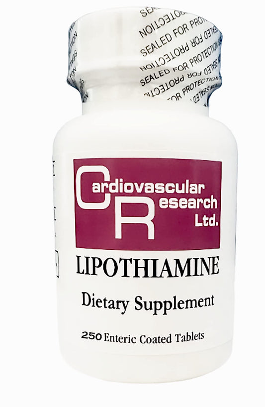 Cardiovascular Research Lipothiamine bottle shows high-absorption thiamine with alpha-lipoic acid.