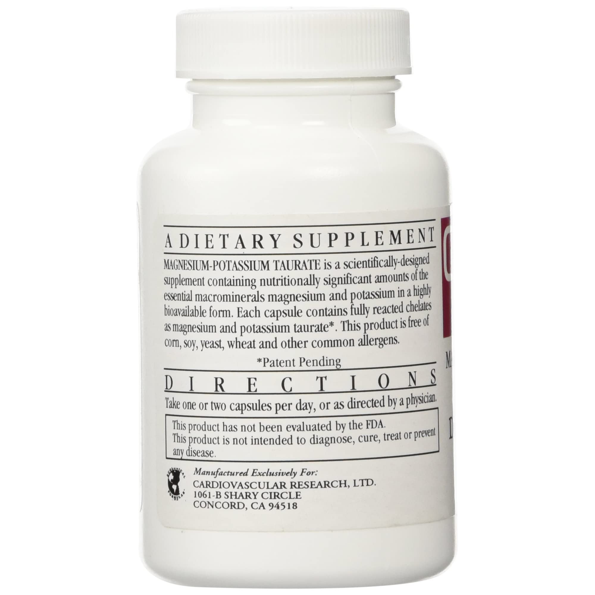 Cardiovascular Research Magnesium-Potassium Taurate bottle label highlights gluten-free and casein-free