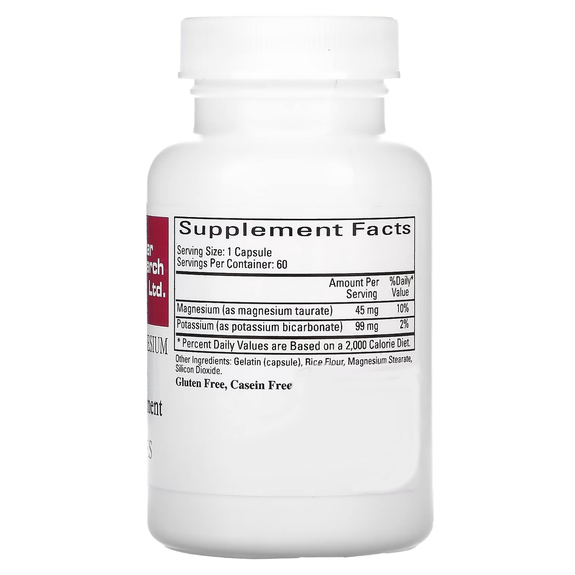 Cardiovascular Research Magnesium-Potassium Taurate capsules in bottle show fully reacted chelates