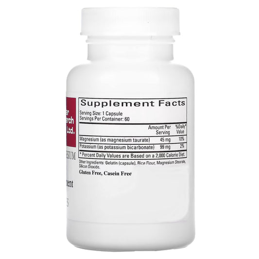 Cardiovascular Research Magnesium-Potassium Taurate capsules in bottle show fully reacted chelates