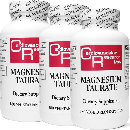 Cardiovascular Research magnesium taurate bottle front displaying 125 mg per capsule for daily support