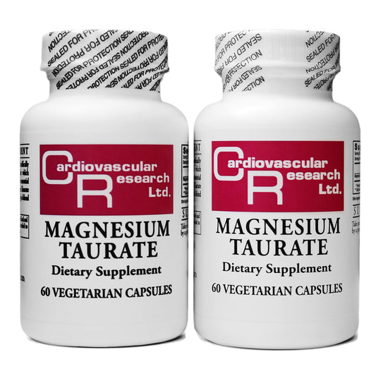Cardiovascular Research magnesium taurate bottle showing 125 mg capsules for daily support