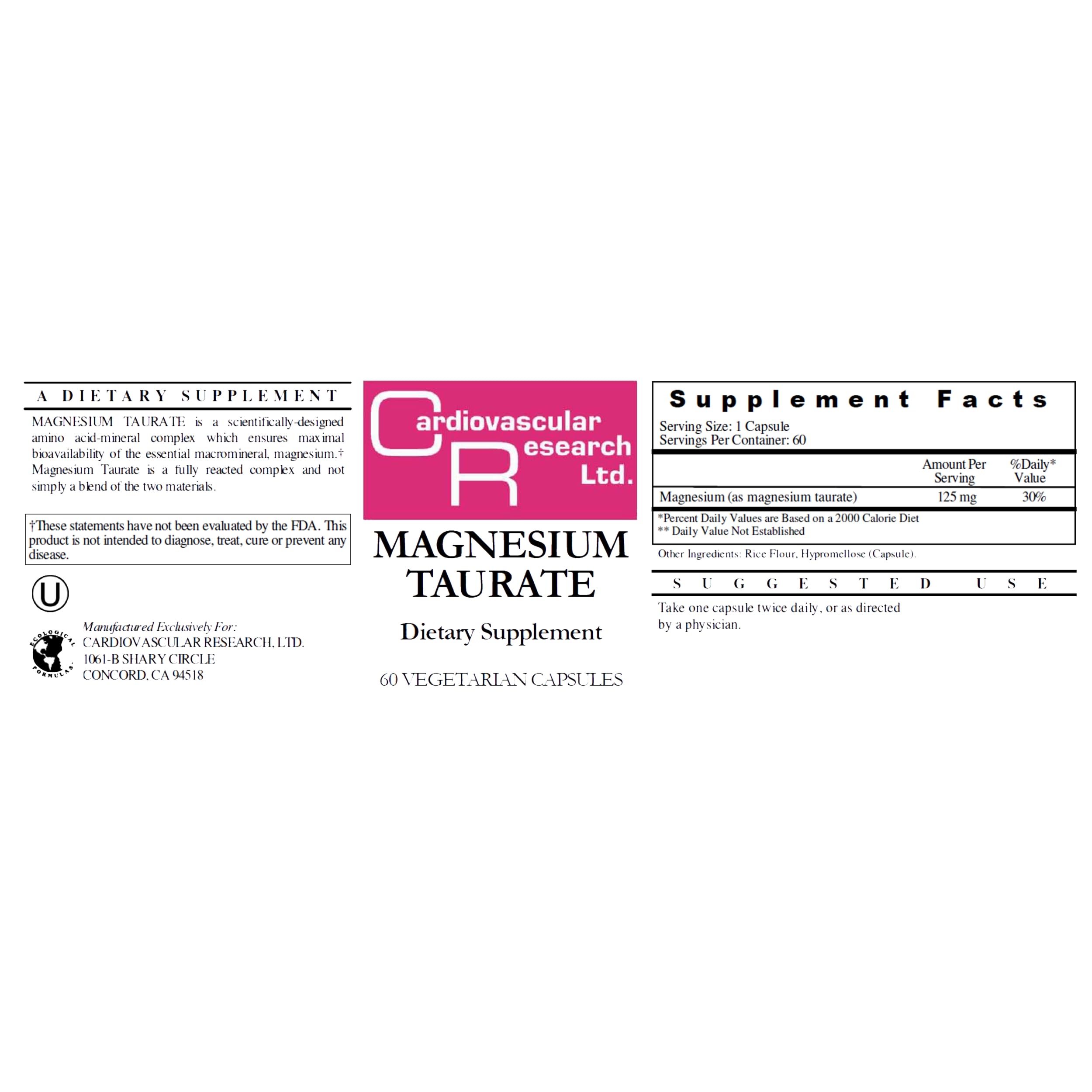 Cardiovascular Research magnesium taurate label focusing on dosage guidance and supplement notes