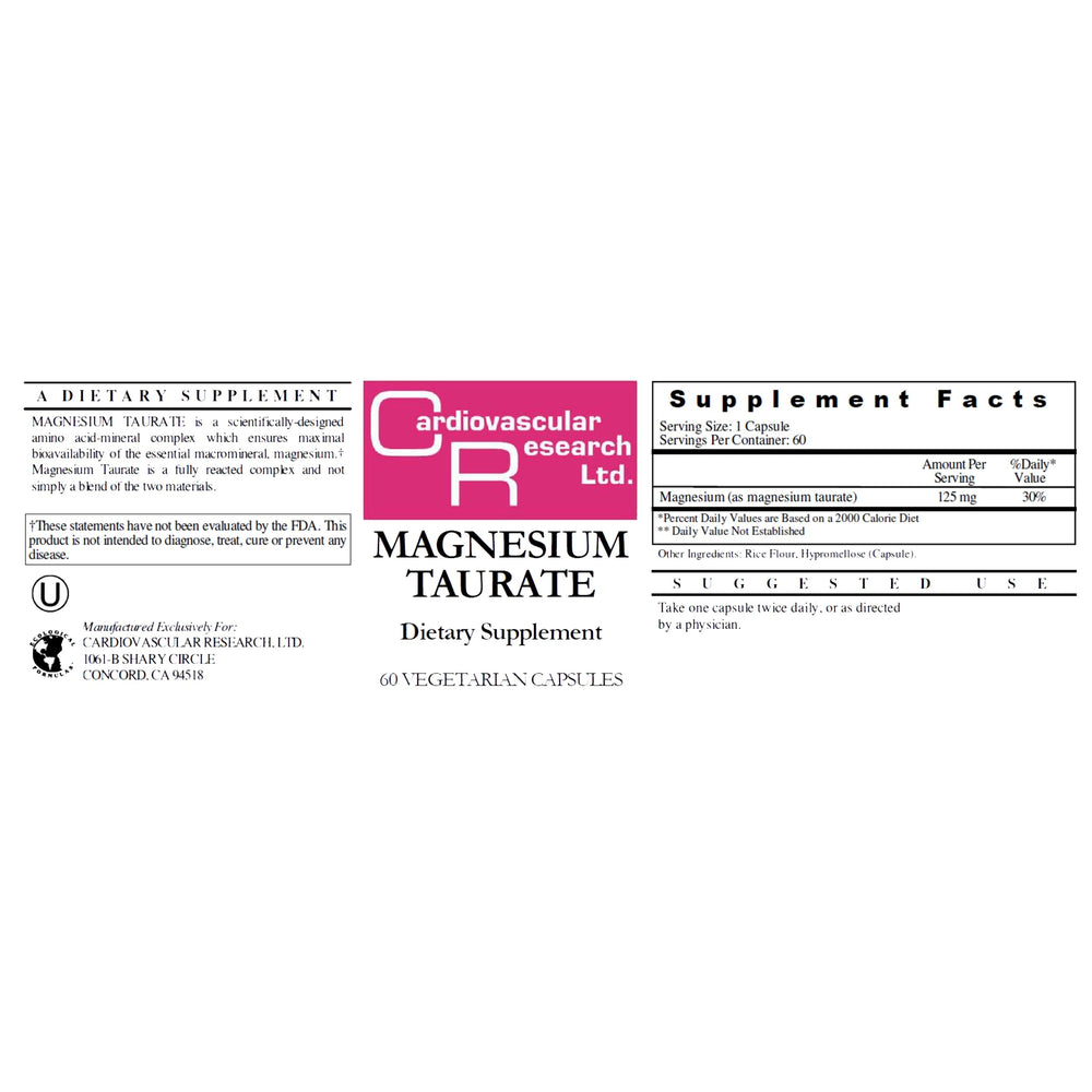 Cardiovascular Research magnesium taurate label focusing on dosage guidance and supplement notes