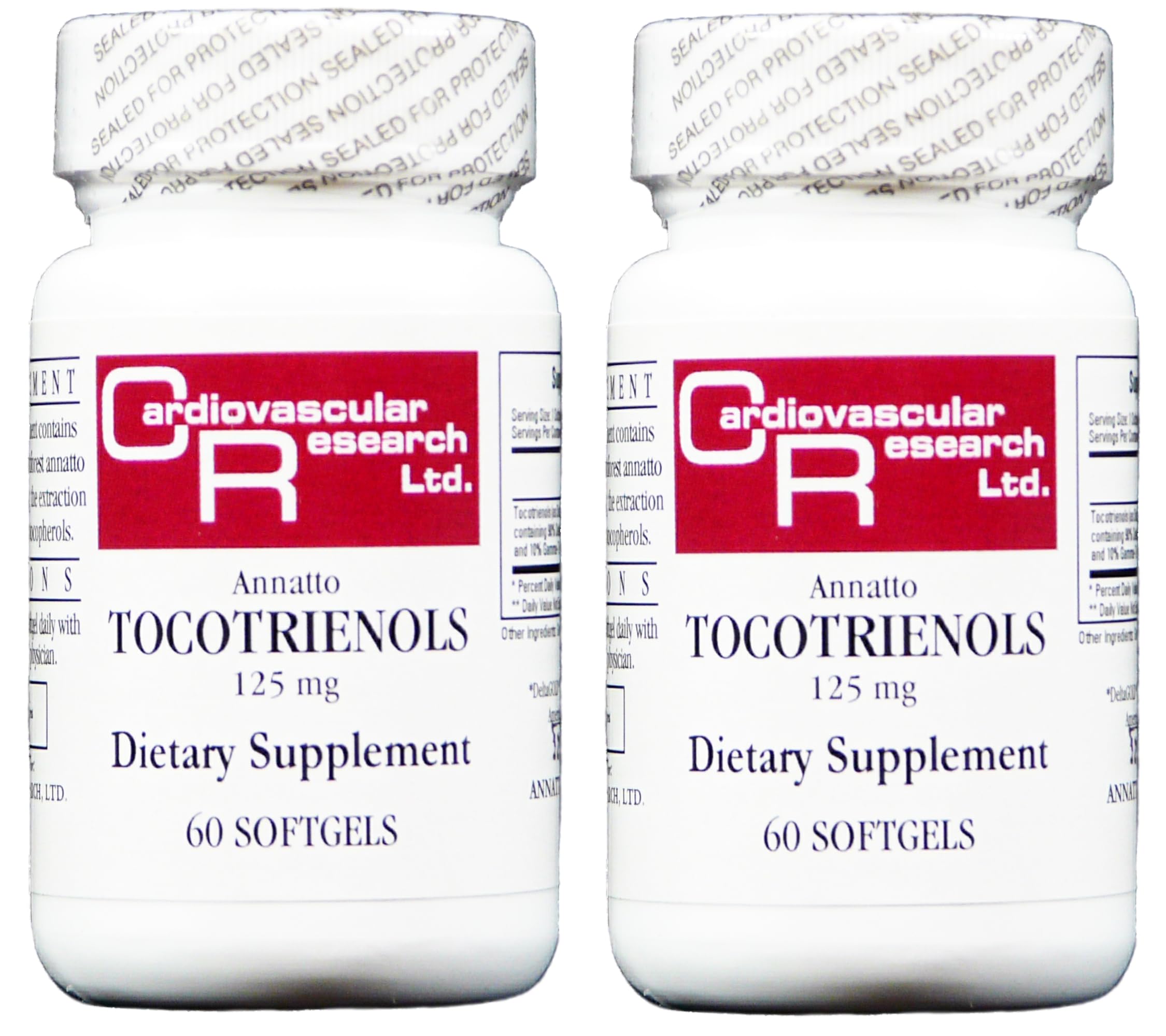 Cardiovascular Research Vitamin E annatto tocotrienols bottle highlighting natural antioxidants.