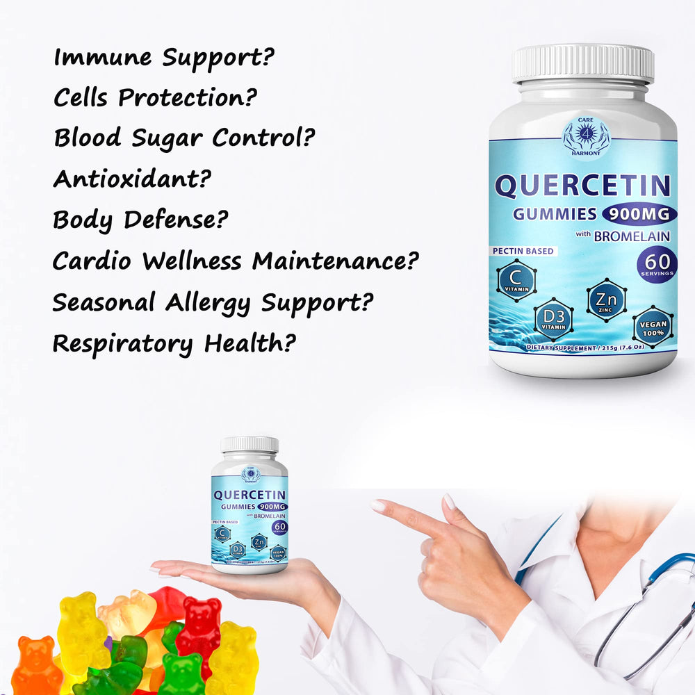 Care 4 Harmony Quercetin Gummies bottle closeup showcases organic, vegan-friendly formula.