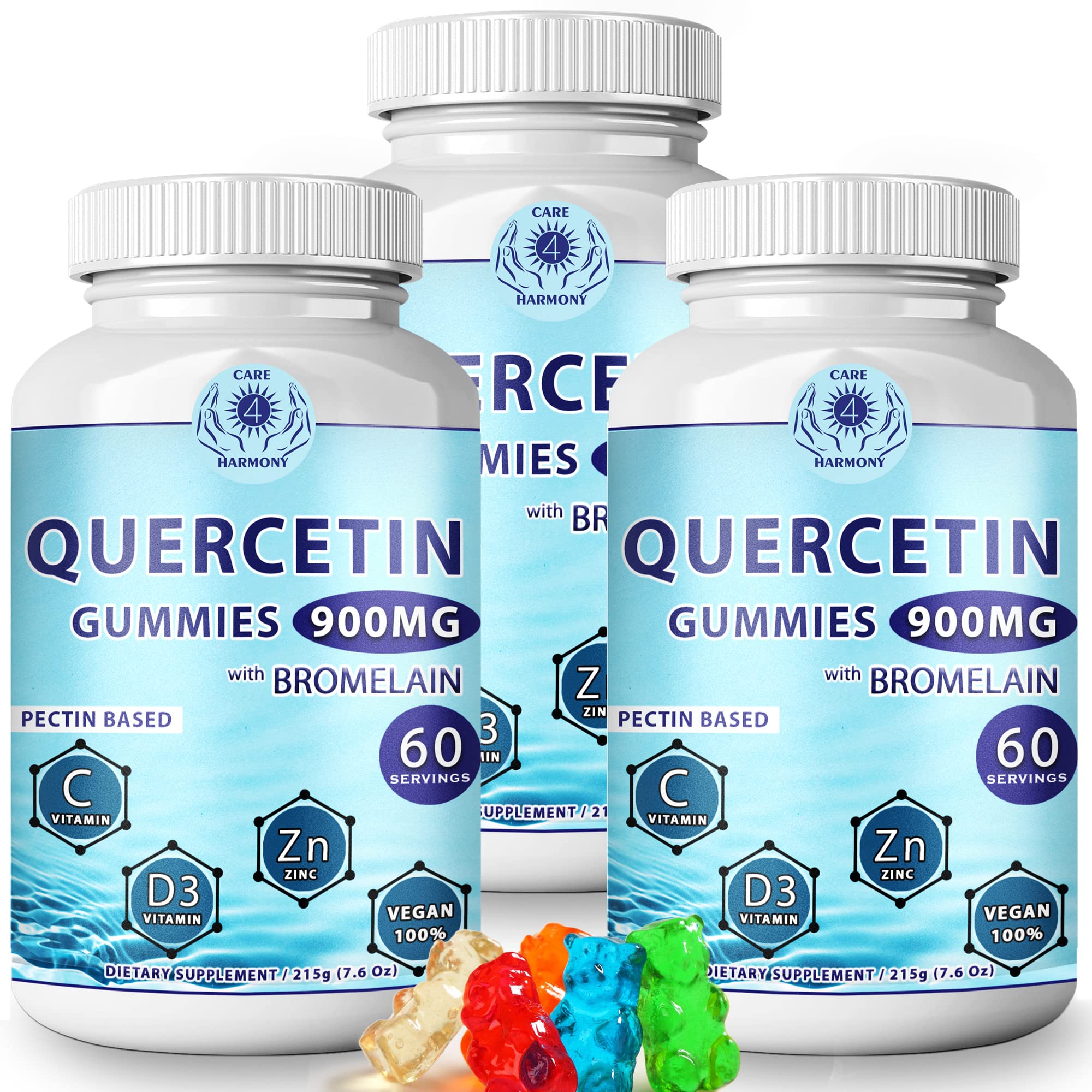 Care 4 Harmony Quercetin Gummies 3Pack bottle front, tasty daily immune-friendly support.
