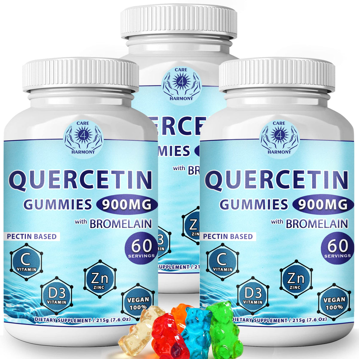 Care 4 Harmony Quercetin Gummies 3Pack bottle front, tasty daily immune-friendly support.