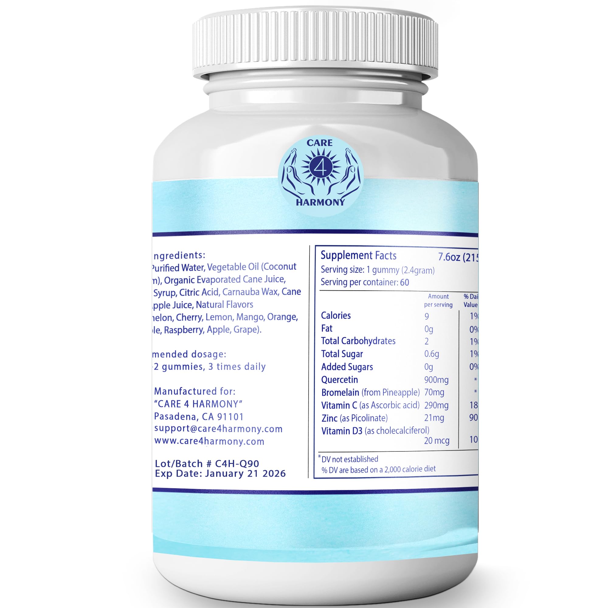 Care 4 Harmony Quercetin Gummies in a daily routine, soft texture for gentle digestion.