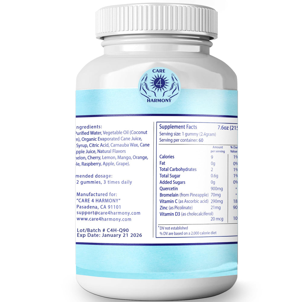 Care 4 Harmony Quercetin Gummies in a daily routine, soft texture for gentle digestion.