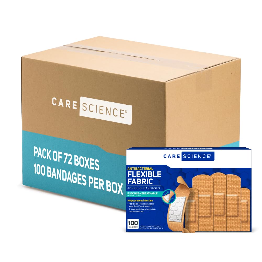 Care Science antibacterial fabric bandages in assorted sizes provide flexible, breathable wound protection.